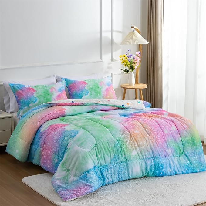 A Nice Night Galaxy Bedding Sets Outer Space Comforter 3D Printed Space Quilt Set Full Size Glitter Pink Green Color,for Children Boy Girl Teen Kids - LeafyLoom