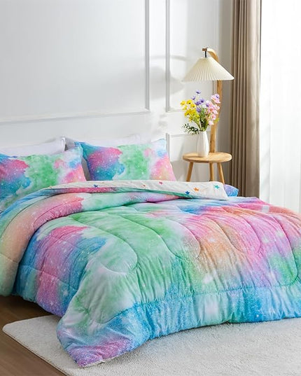 A Nice Night Galaxy Bedding Sets Outer Space Comforter 3D Printed Space Quilt Set Queen Size Glitter Pink Green Color,for Children Boy Girl Teen Kids - LeafyLoom