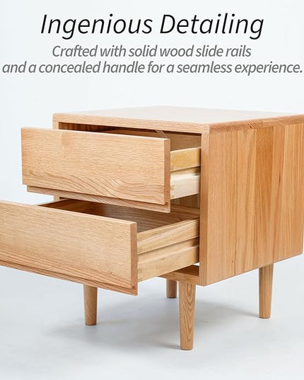 Night Stand, Mid Century Modern Nightstand w/2 Drawers, Boho Nightstand, Small Nightstand, Oak Bedroom Nightstand, Solid Wood Bedside Table, 17.72 W x 15.75 D x 19.69 H Inches(Natural) - LeafyLoom