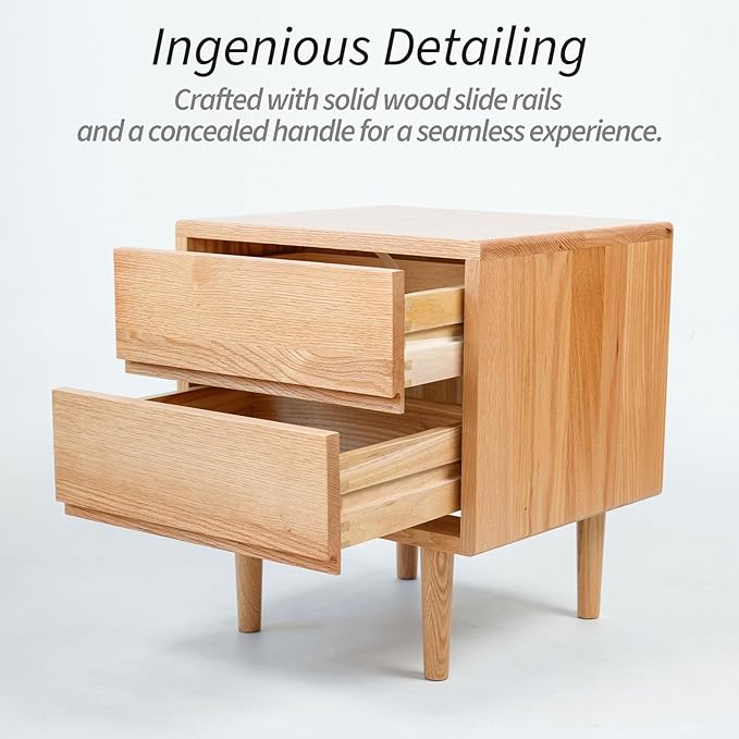 Night Stand, Mid Century Modern Nightstand w/2 Drawers, Boho Nightstand, Small Nightstand, Oak Bedroom Nightstand, Solid Wood Bedside Table, 17.72 W x 15.75 D x 19.69 H Inches(Natural) - LeafyLoom