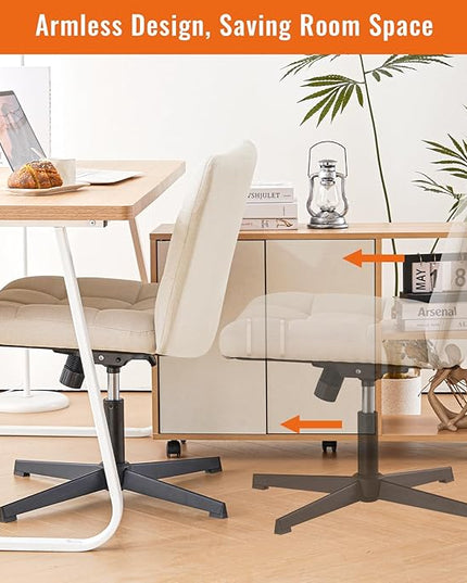 Furniliving Linen Office Desk Chair No Wheels, Armless Swivel Home Office Chair Height Adjustable Wide Office Chair for Bedroom, Modern Mid Back Accent Chair Computer Task Chair, Beige - LeafyLoom