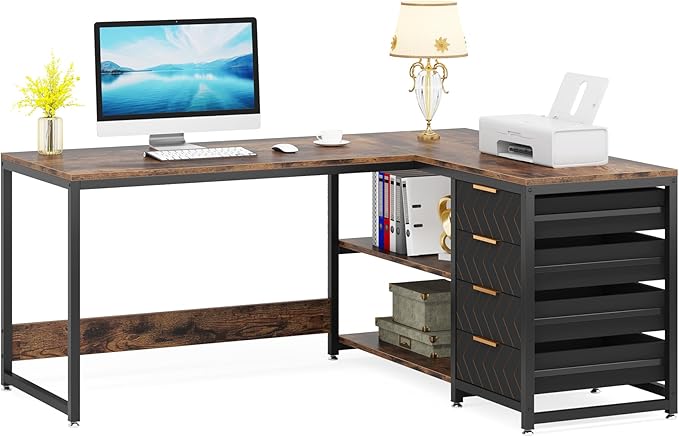 59-Inch L Shaped Desk with Drawers, Large Computer Desk with Storage Shelves, Reversible L-Shaped Corner Desk Workstation for Home Office - LeafyLoom