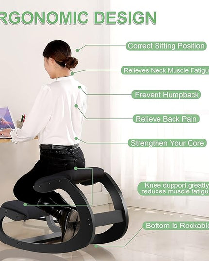 Predawn Ergonomic Kneeling Chair,Rocking Knee Chair Upright Posture Chair for Home Office Meditation Wooden & Linen Cushion-Office Chair for Back Neck Pain Relief & Improving Posture (Black) - LeafyLoom