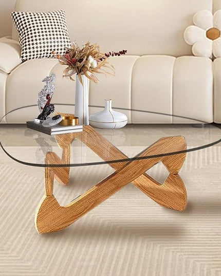Triangle Coffee Table Glass Coffee Table for Living Room Clear Glass Coffee Table with Solid Wood Base Mid Century Modern Coffee Table for Small Spaces (Wood-Transparent, 35.8in) - LeafyLoom