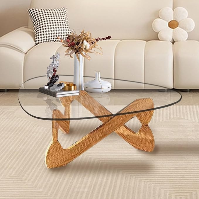 Triangle Coffee Table Glass Coffee Table for Living Room Clear Glass Coffee Table with Solid Wood Base Mid Century Modern Coffee Table for Small Spaces (Wood-Transparent, 35.8in) - LeafyLoom