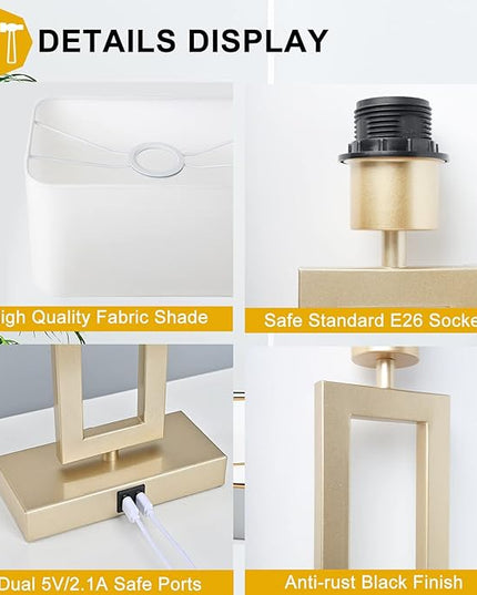 Set of 2 Table Lamps with Dual USB Ports,Touch Control for Bedside and Nightstand in Bedroom, 3-Way Dimmable Modern for Desk, Living Room, Office, LED Bulbs Included, Gold&White - LeafyLoom