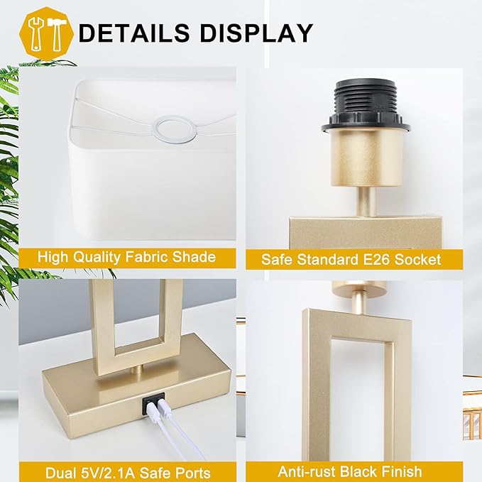 Set of 2 Table Lamps with Dual USB Ports,Touch Control for Bedside and Nightstand in Bedroom, 3-Way Dimmable Modern for Desk, Living Room, Office, LED Bulbs Included, Gold&White - LeafyLoom