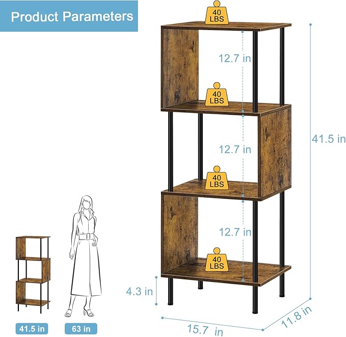 ETELI 4 Tier Bookshelf S-Shaped Small Bookcase Modern Freestanding Multifunctional Wooden Book Shelves for Farmhouse, Living Room, Bedroom, and Home Office - LeafyLoom