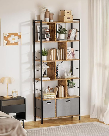 74 Inch Tall Bookshelf, 6 Tier Bookcase with Drawers, Modern Book Shelf Display Standing Shelf Units with Storage, Wood and Metal Bookshelves for Living Room, Bedroom, Home Office, Rustic Brown - LeafyLoom
