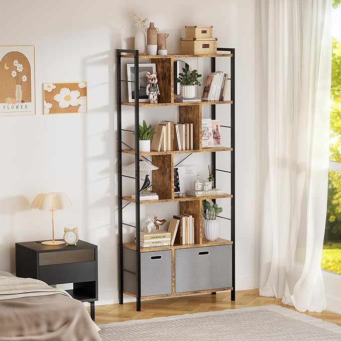 74 Inch Tall Bookshelf, 6 Tier Bookcase with Drawers, Modern Book Shelf Display Standing Shelf Units with Storage, Wood and Metal Bookshelves for Living Room, Bedroom, Home Office, Rustic Brown - LeafyLoom