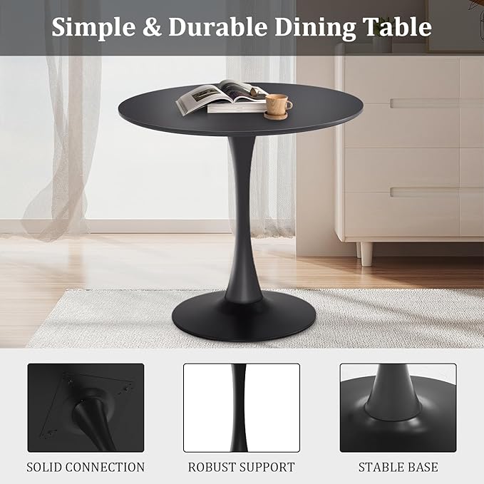Round Dining Table,31.5”Kitchen Table for 2-4 People,MDF Table Top with Metal Pedestal Base,Tulip Design for Kitchen,Dining Room,Living Room,Leisure,Black - LeafyLoom