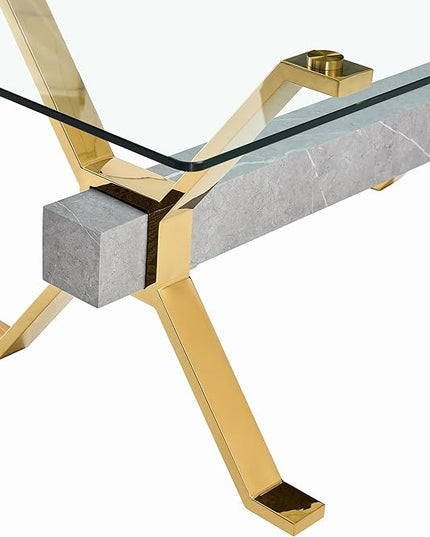Rectangular Table with Tempered Glass Tabletop,Modern Dinner Desk W/Metal Tubular Legs, Home,Kitchen,Dining Room,Office,Gold, 79" Marble Color Crossbars - LeafyLoom
