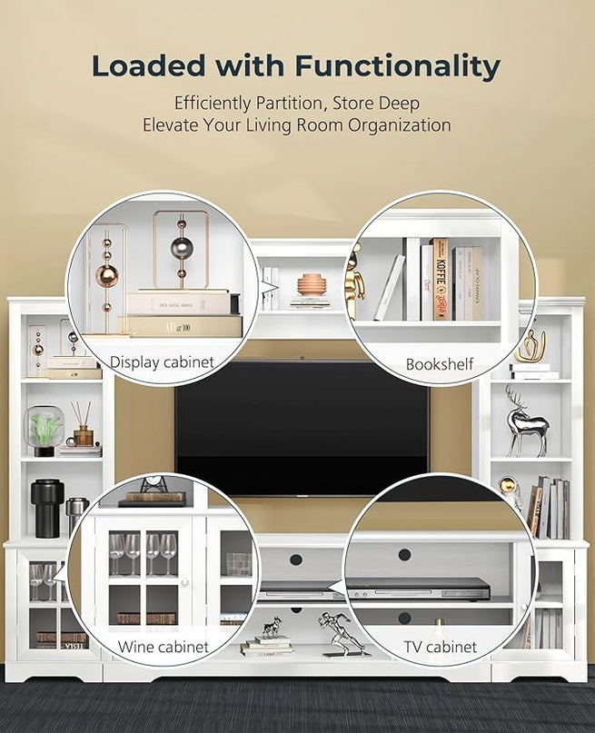 Large Wall Unit Entertainment Center with Storage, Modern TV Entertainment Center with Bookshelves and Bridge Cabinet, Living Room Tall Bookshelf with Storage, 65.7" Wide for TV Placement, White - LeafyLoom