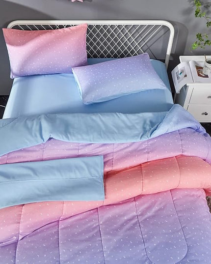 Rainbow Comforter Set for Teen Girls Women,Full/Queen Size 5 Piece Bed in A Bag,Metallic Printed Glitter Comforter and Sheets,Ultra Soft Microfiber All Season Bedding Set(Full/Queen,Blue) - LeafyLoom