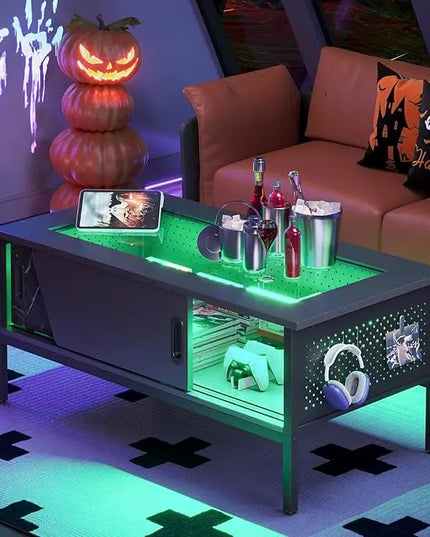 Bestier 42 Inch LED Coffee Table with Storage Glass Coffee Tables for Living Room with Sliding Doors, Black Living Room Center Table - LeafyLoom