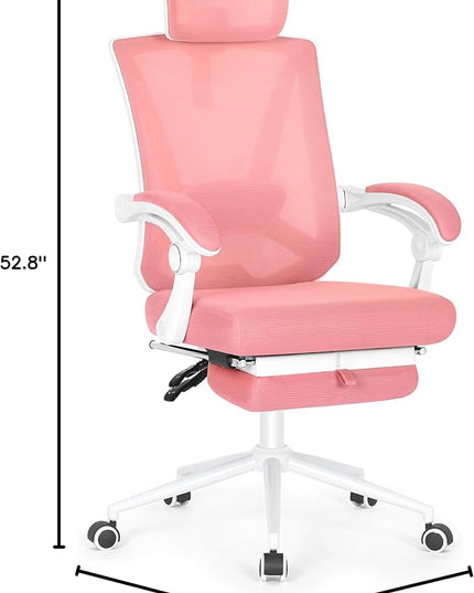 Misolant Ergonomic Office Chair with Footrest, Ergonomic Desk Chair with Adjustable 2D Lumbar Support, High Back Office Chair with Adjustable Headrest, Comfortable Executive Office Chair -Pink - LeafyLoom