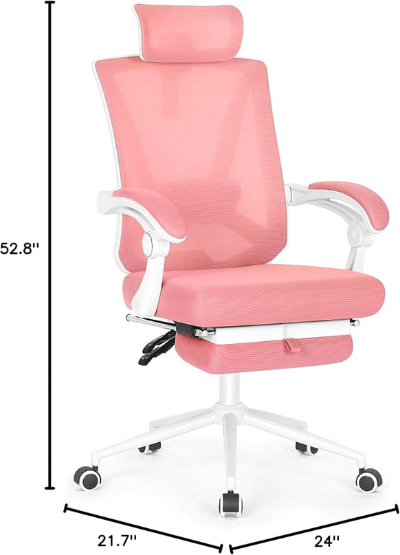 Misolant Ergonomic Office Chair with Footrest, Ergonomic Desk Chair with Adjustable 2D Lumbar Support, High Back Office Chair with Adjustable Headrest, Comfortable Executive Office Chair -Pink - LeafyLoom