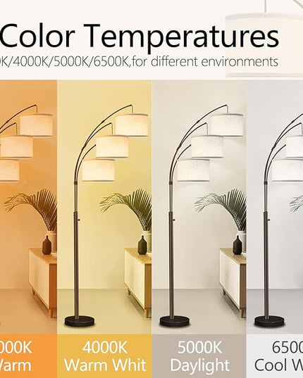 Arc Floor Lamp for Living Room with Remote Control, Dimmable Modern Mid Century 3 Lights Arched Tall Floor Lamp, Adjustable Standing Corner Lamp for Living Room Bedroom Office, Beige Lampshad (Brown) - LeafyLoom