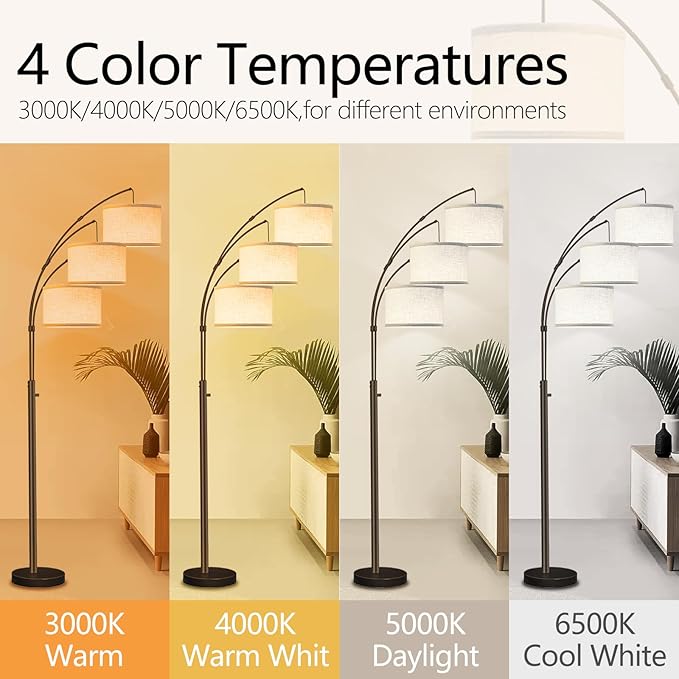 Arc Floor Lamp for Living Room with Remote Control, Dimmable Modern Mid Century 3 Lights Arched Tall Floor Lamp, Adjustable Standing Corner Lamp for Living Room Bedroom Office, Beige Lampshad (Brown) - LeafyLoom