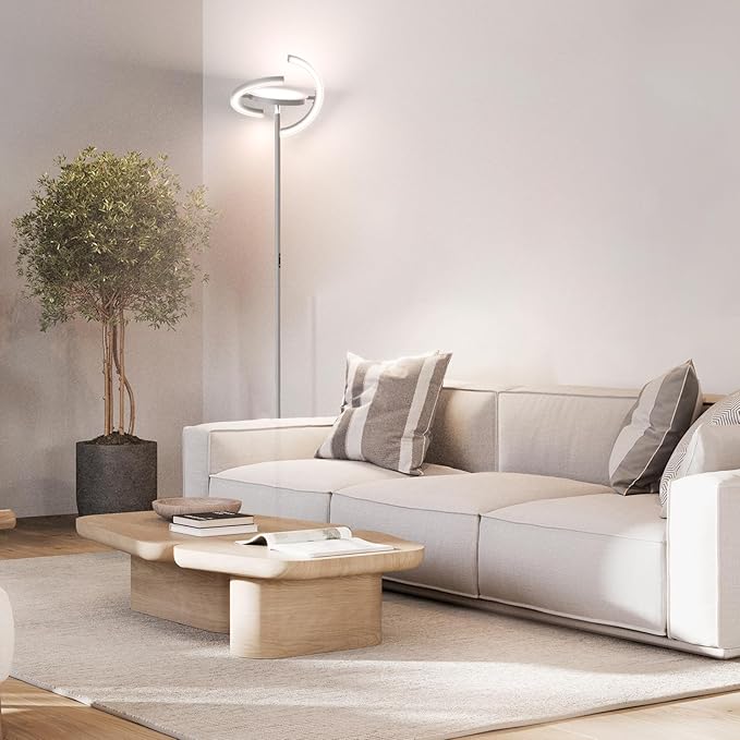 FIMEI Modern LED Floor Lamp Saturn Ring Original Design, Stepless Dimming and 3 Color Temperature, Rotatable and Independent Control of Round Light and Ring Light for Living Room Bedroom Office, Gray - LeafyLoom