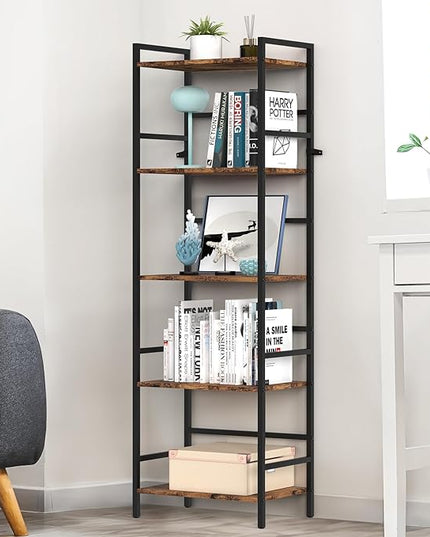 DOMYDEVM Tall Bookshelf, 5 Tier Free Standing Shelves, Wood Storage Shef Unit with Metal Frame, Brown Bookshelf for Small Spaces, Office, Living Room, Bedroom - LeafyLoom