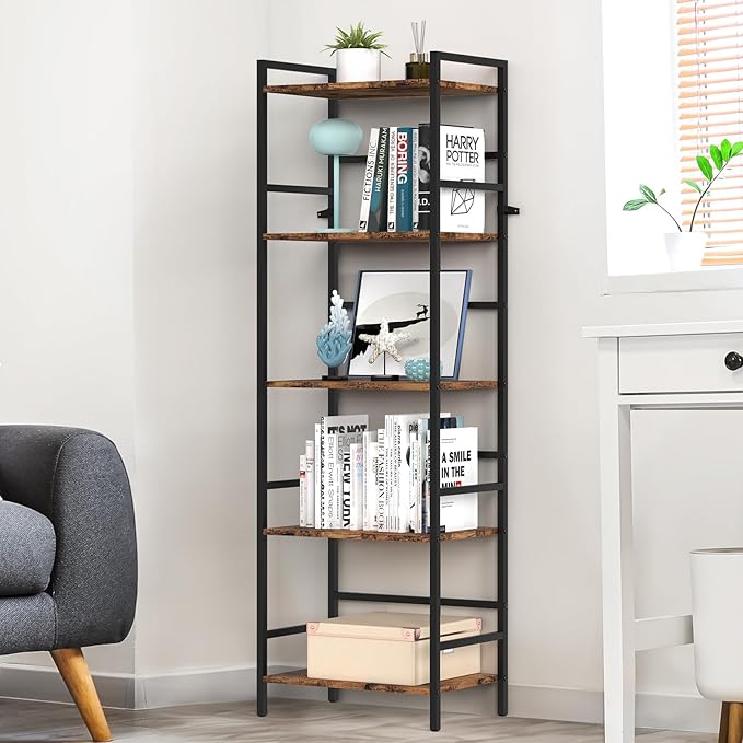 DOMYDEVM Tall Bookshelf, 5 Tier Free Standing Shelves, Wood Storage Shef Unit with Metal Frame, Brown Bookshelf for Small Spaces, Office, Living Room, Bedroom - LeafyLoom