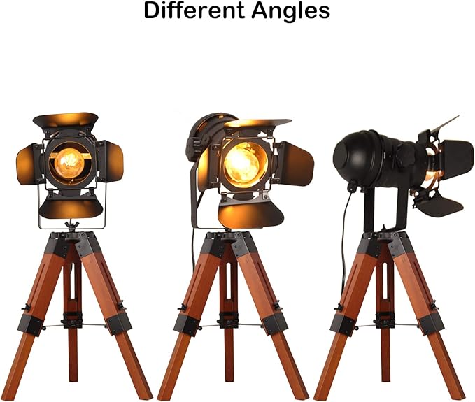 COSYLUX Industrial Tripod Camera Table Lamp Vintage Wood Cinema Decorative Searchlight farmhouse Standing Lighting Fixtures Nautical Spotlight Decorations-without E26 Bulbs for Living Room Office - LeafyLoom