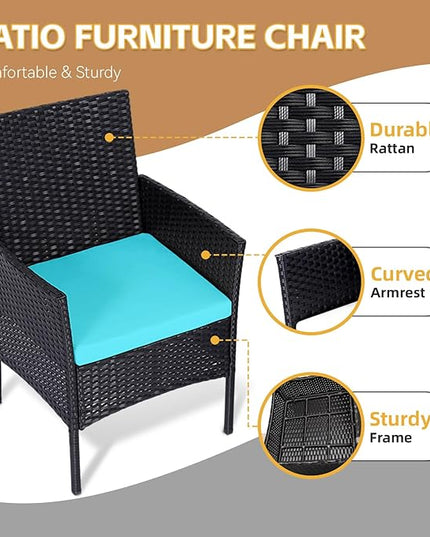 Patio Furniture Set 3 Pieces All-Weather Rattan Outdoor Furniture Patio Chairs with Tempered Glass Table for Porch Bistro Balcony Bistro Set(Black/Blue) - LeafyLoom