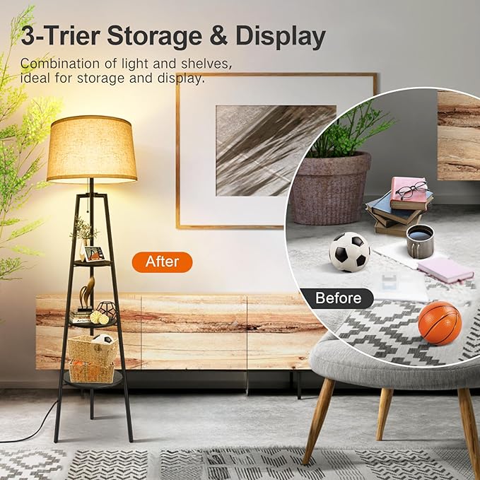 OUTON Tripod Floor Lamp with Shelves, Modern Shelf Floor Lamp with Remote, 4 Color Temperature, Dimmable Tall Standing Corner Lamp with Beige Linen Texture Shade for Living Room, Bedroom, Office - LeafyLoom