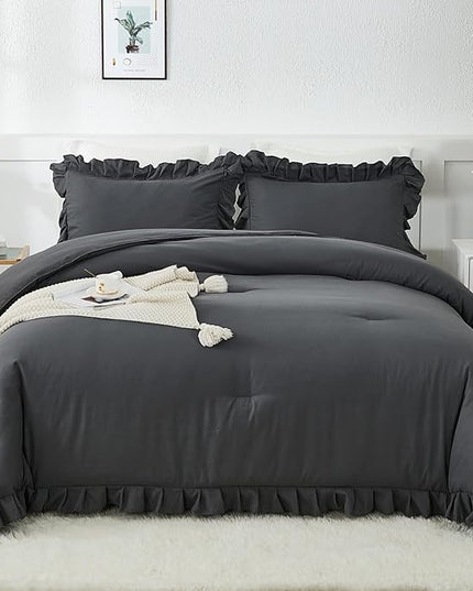 Andency Dark Gray Comforter Set Full, 3 Pieces Full Bed Solid Bedding Comforters & Sets, (1 Ruffle Comforter and 2 Pillowcases) All Season Lightweight Fluffy Soft Microfiber Bedding Set(79x90Inch) - LeafyLoom