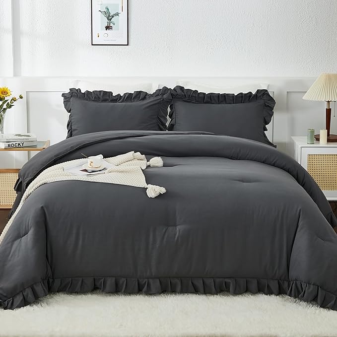 Andency California King Comforter Set Dark Gray (104x96Inch), 3 Pieces Cal King Ruffle Comforter, Oversized Farmhouse Shabby Chic Bed Comforter, Lighteweight and Soft Microfiber Bedding Set - LeafyLoom