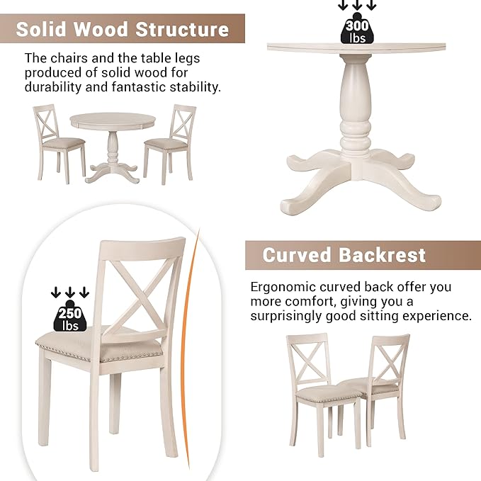 NicBex Round Dining Table Set for 4 Kitchen & Dining Room Tables Modern Dining Table Set for 4, Round Table and 4 Kitchen Room Chairs for Dining Room, Dinette, Breakfast Nook, Antique White - LeafyLoom
