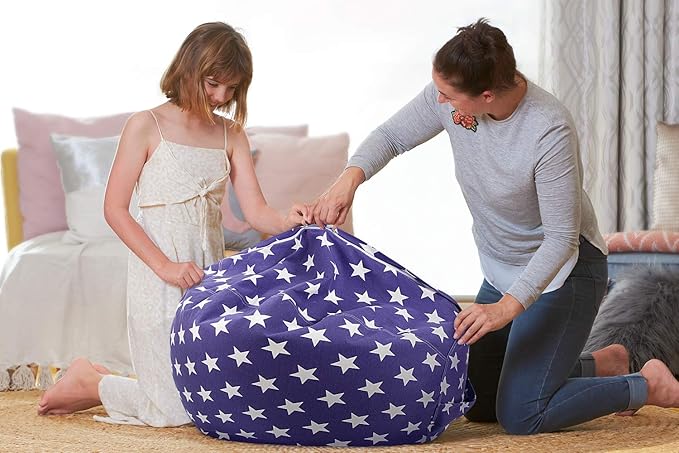 Aubliss Stuffed Animal Storage Bean Bag Chair Cover (No Beans)，Stuff and Sit Storage Bean Bag for Kids Toy Storage, X-Large 48"-Canvas Stars Royal Blue - LeafyLoom