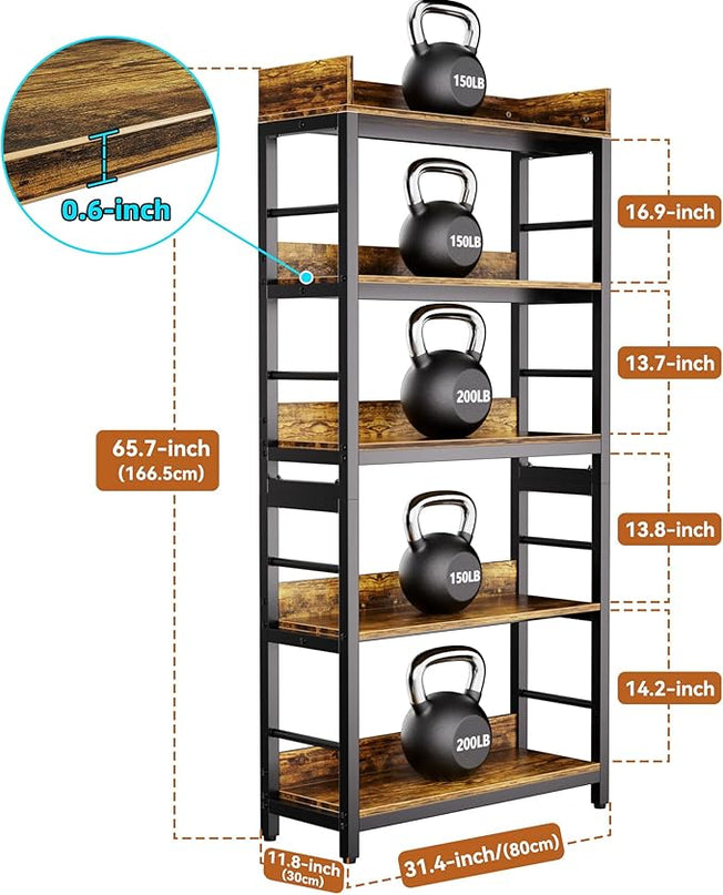 Aquzee Bookshelf, 66" H 5-Tiers Heavy Duty Industrial Shelving Wood & Metal Bookcase, Rustic and Black Tall Shelf Units for Home, Office, Living Room - LeafyLoom