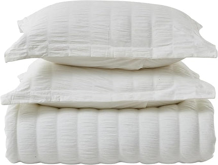 Full/Queen 100% Cotton Comforter Set | White Puckered Striped Down Alternative Comforter | All Season, Linen-Like, Textured 3 Piece Bedding Comforter Set (Full/Queen, White) - LeafyLoom