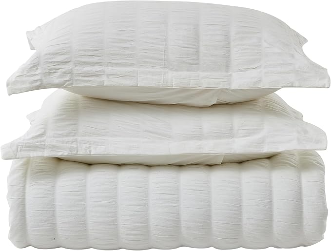 Full/Queen 100% Cotton Comforter Set | White Puckered Striped Down Alternative Comforter | All Season, Linen-Like, Textured 3 Piece Bedding Comforter Set (Full/Queen, White) - LeafyLoom