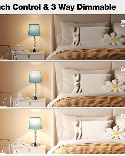 Acaxin Bedside Lamps for Bedrooms Set of 2 Nightstand- Crystal Table Lamp with USB C+A Ports & AC Outlet for Charging, 3 Way Dimmable Touch Silver Small Bed Side Table Lamp for Living Room - LeafyLoom
