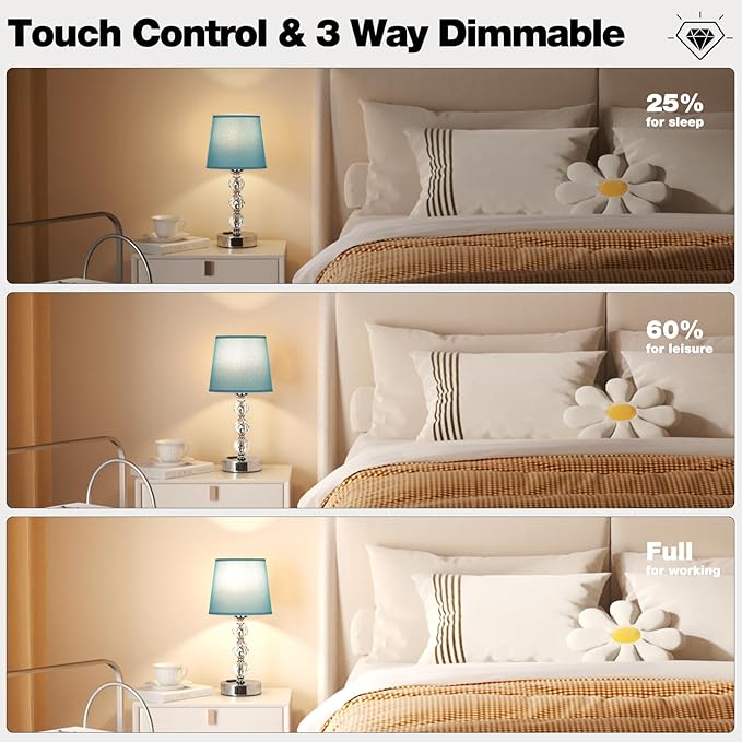 Acaxin Bedside Lamps for Bedrooms Set of 2 Nightstand- Crystal Table Lamp with USB C+A Ports & AC Outlet for Charging, 3 Way Dimmable Touch Silver Small Bed Side Table Lamp for Living Room - LeafyLoom