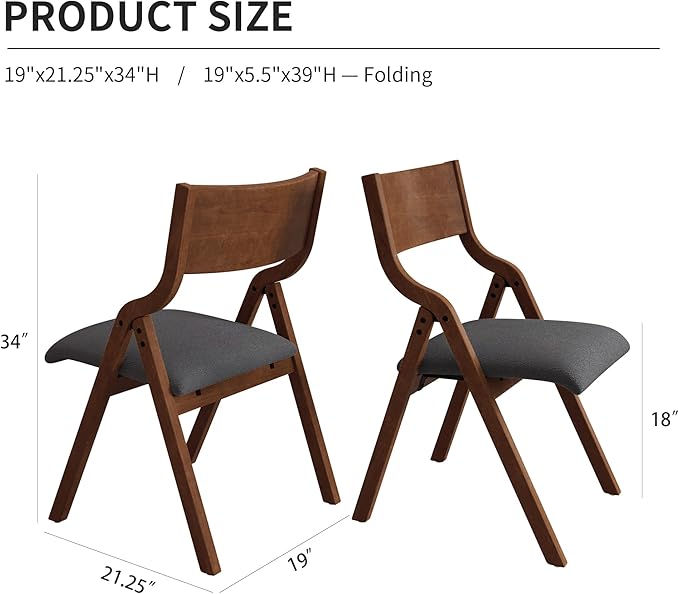 Ball & Cast Padded Folding Chairs 2 Pack,Solid Wood Frame,18" Seat Height,Space Saving,Easy to CarrySuitable for dining room, bedroom and outdoor, Dark gray - LeafyLoom