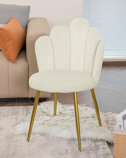 Vanity Chair for Makeup Room - Midcentury Modern Accent Chair for Living Room Bedroom, Makeup Chair with Back Support Velvet Chair with Gold Legs (Cream) - LeafyLoom