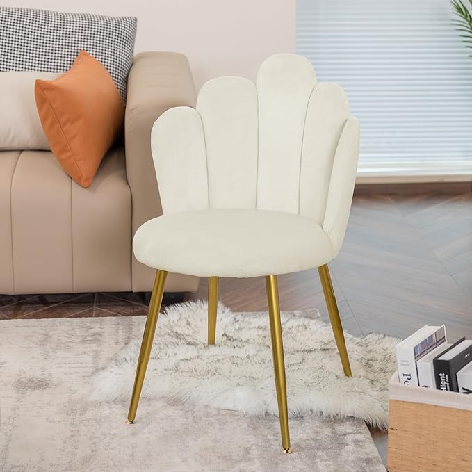 Vanity Chair for Makeup Room - Midcentury Modern Accent Chair for Living Room Bedroom, Makeup Chair with Back Support Velvet Chair with Gold Legs (Cream) - LeafyLoom