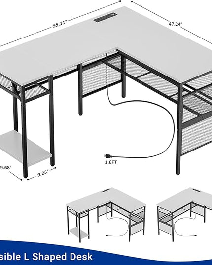 Reversible L Shaped Computer Desk Power Outlets and USB Ports, Large Corner Desk, Sturdy Home Office Gaming Table with Storage Shelf, Unique Grid Design Writing Desk, Easy to Assemble, White - LeafyLoom