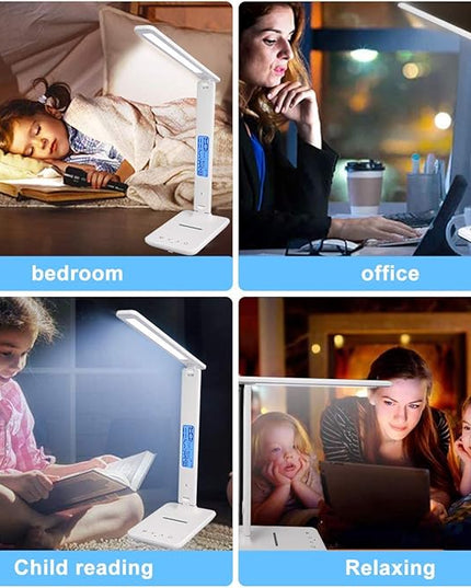 LED Desk Lamp, Desk Lamp with Wireless Charger, Suitable for Home, Office Dimmable Desk Lamp, with USB Charging Port, Built-in Clock, Calendar, Thermometer and Automatic Timing Reading Desk Lamp. - LeafyLoom