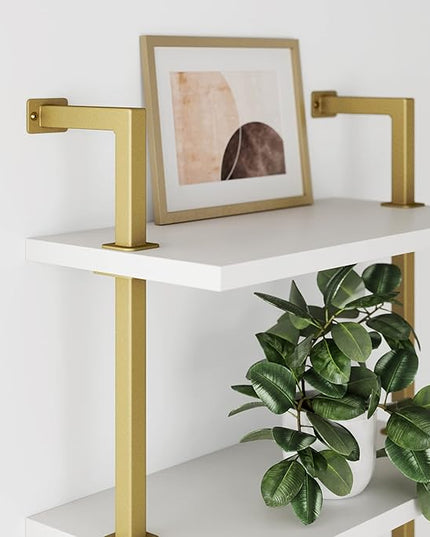 Nathan James Theo 3-Shelf Small Bookcase, Floating Wall Mount Bookshelf with Wood and Industrial Pipe/Metal Frame, White/Brass Gold - LeafyLoom