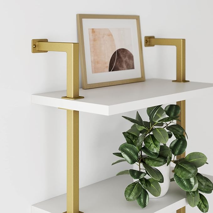 Nathan James Theo 3-Shelf Small Bookcase, Floating Wall Mount Bookshelf with Wood and Industrial Pipe/Metal Frame, White/Brass Gold - LeafyLoom