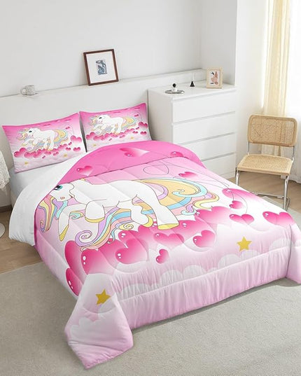 Girls Unicorn Comforter Set Queen Girly Fantasy Rainbow Unicorn Bedding Set for Kids Little Girls, Pink Love Heart Duvet Sets Dreamy Horse Cartoon Magical Animal Down Comforter with 2 Pillowcases - LeafyLoom