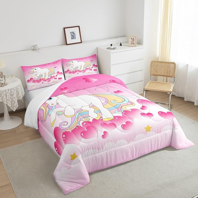 Girls Unicorn Comforter Set King Girly Fantasy Rainbow Unicorn Bedding Set for Kids Little Girls, Pink Love Heart Duvet Sets Dreamy Horse Cartoon Magical Animal Down Comforter with 2 Pillowcases - LeafyLoom