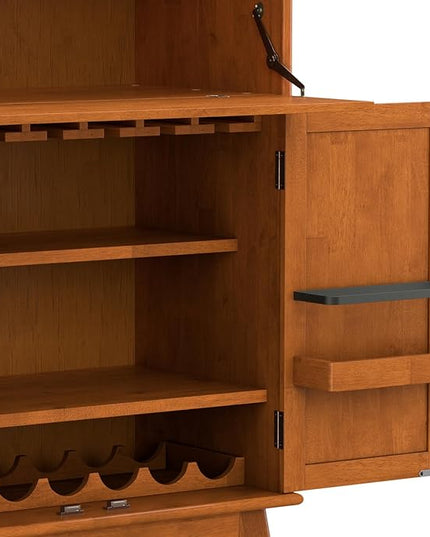 SIMPLIHOME Draper SOLID HARDWOOD Mid Century Modern 32 inch Wide Bar Cabinet in Teak Brown for The Living room, dining room and kitchen - LeafyLoom