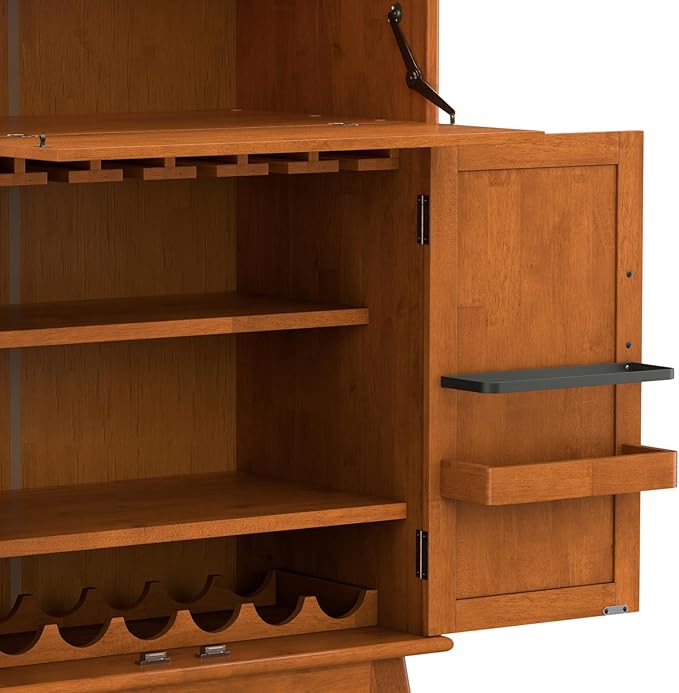 SIMPLIHOME Draper SOLID HARDWOOD Mid Century Modern 32 inch Wide Bar Cabinet in Teak Brown for The Living room, dining room and kitchen - LeafyLoom