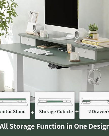 FEZIBO 55 x 24 Inch Height Adjustable Electric Standing Desk with Double Drawer, Stand Up Desk with Storage Shelf, Sit Stand Desk, Green - LeafyLoom